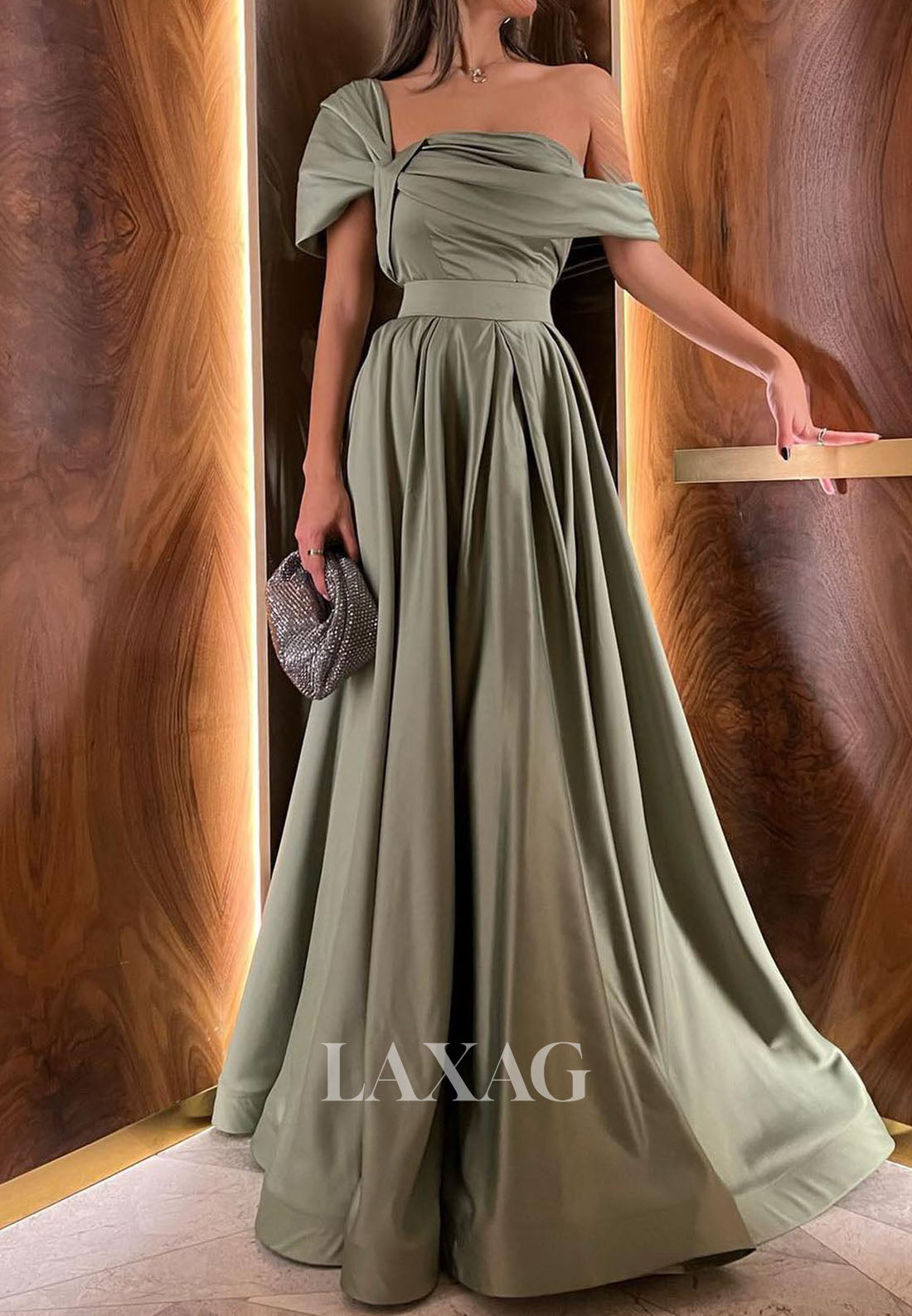 Asymmetrical-Neck Pleated Satin A-Line Prom Dress Simple Sleeveless Floor-Length Party Gowns
