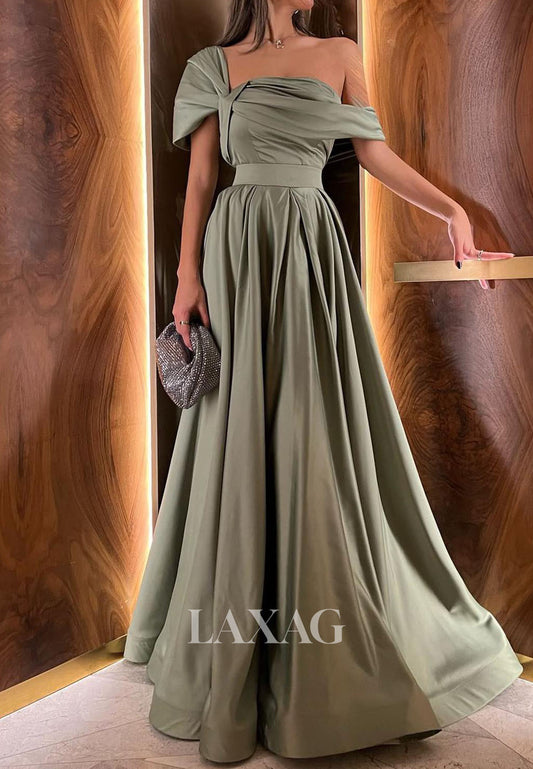 Asymmetrical-Neck Pleated Satin A-Line Prom Dress Simple Sleeveless Floor-Length Party Gowns