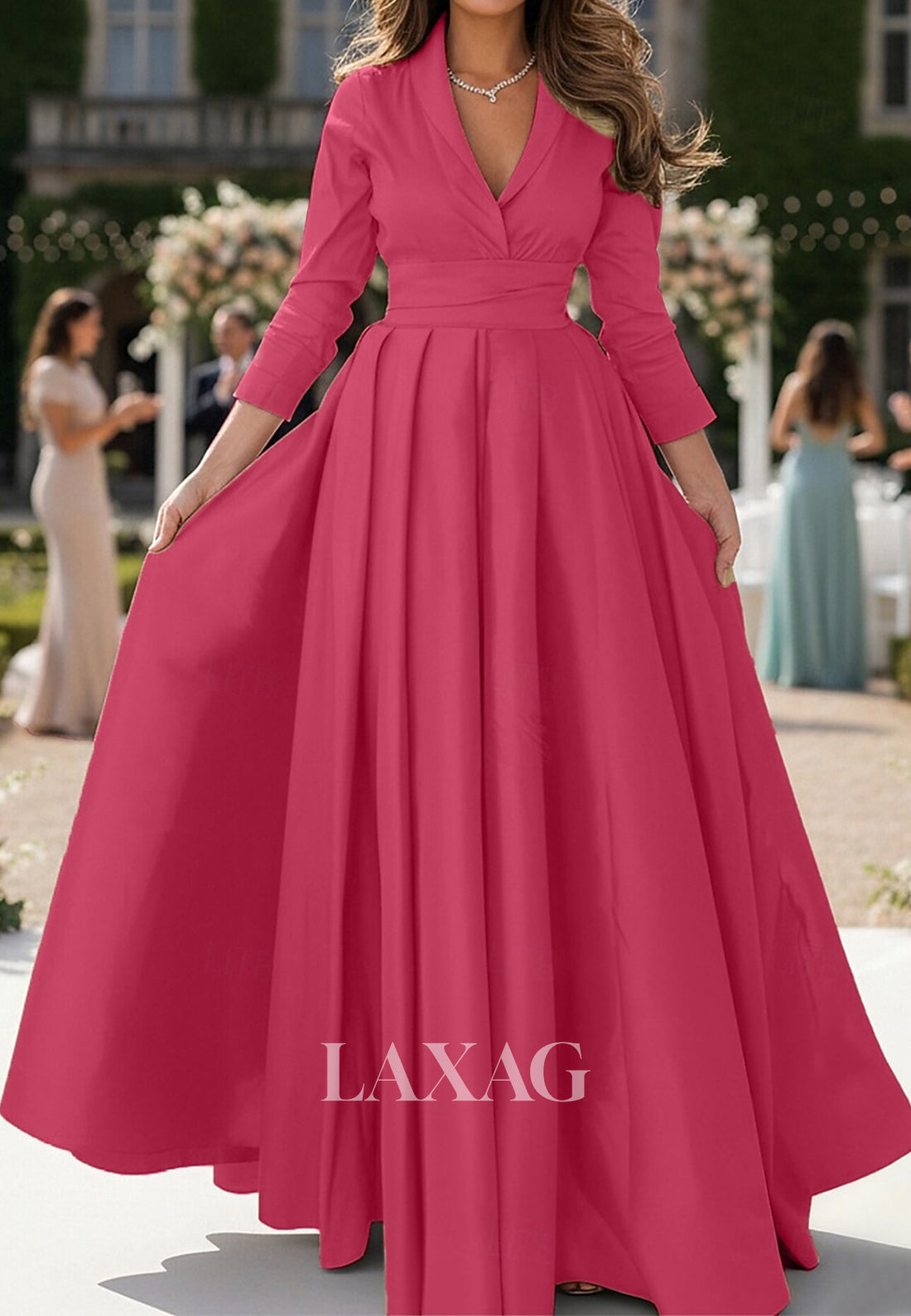 V-Neck Collared 3/4-Sleeves Chiffon Pleated Floor-Length A-Line Mother of the Bride Dress