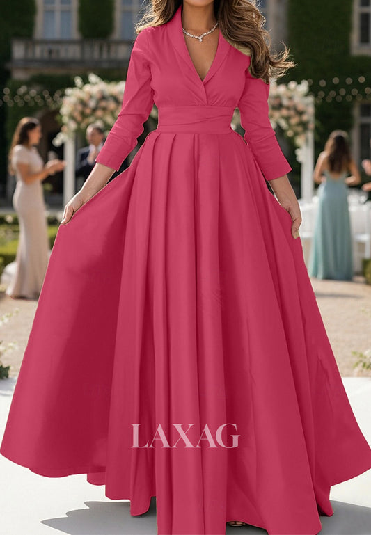 V-Neck Collared 3/4-Sleeves Chiffon Pleated Floor-Length A-Line Mother of the Bride Dress