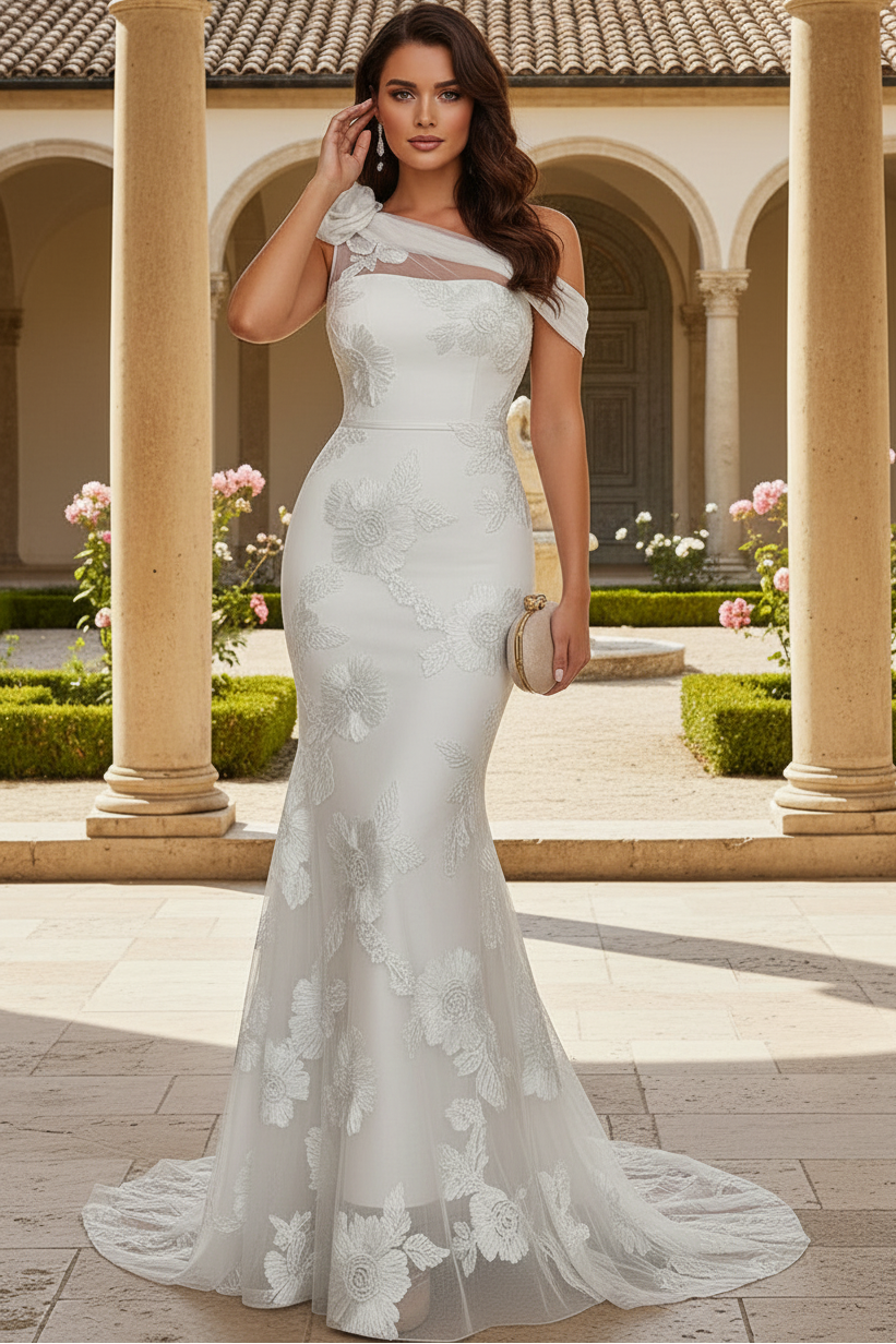 Asymmetrical-Neck Sleeveless Jacquard Tulle Pleated Sweep Train Mermaid Evening Dress