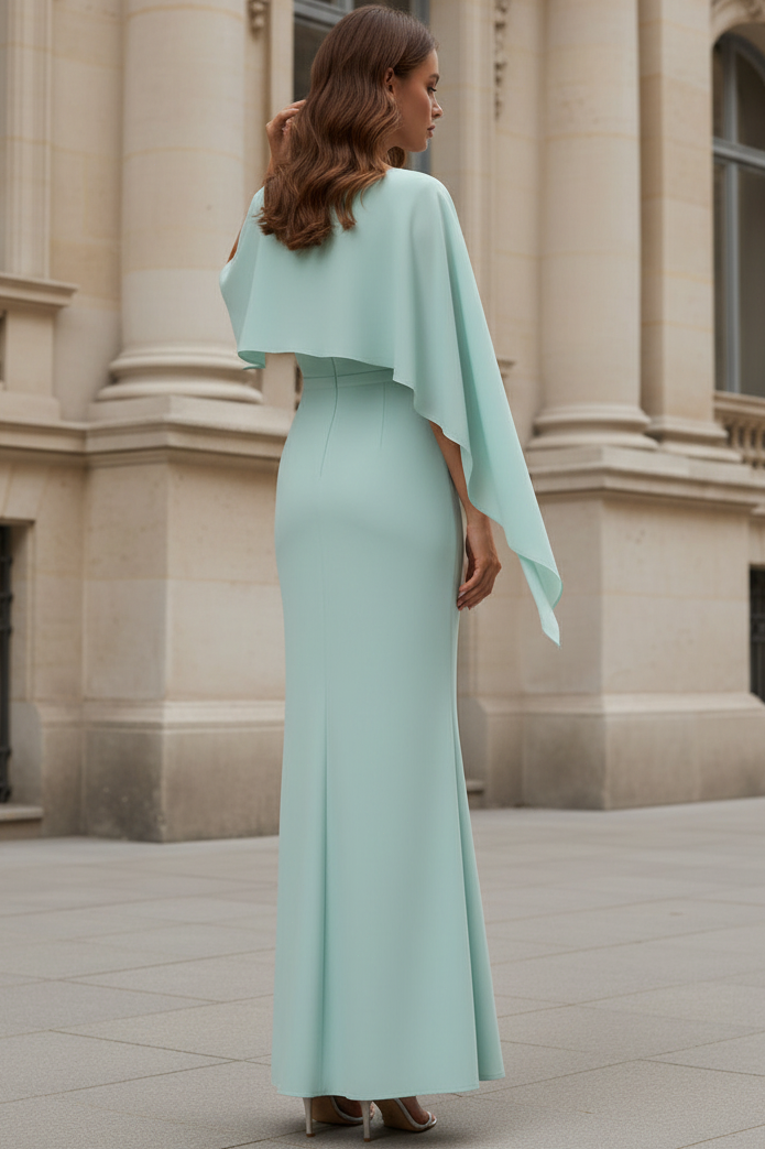 Scoop-Neck Chiffon Pleated Ankle-Length Mermaid Wedding Guest Dress with Overlay