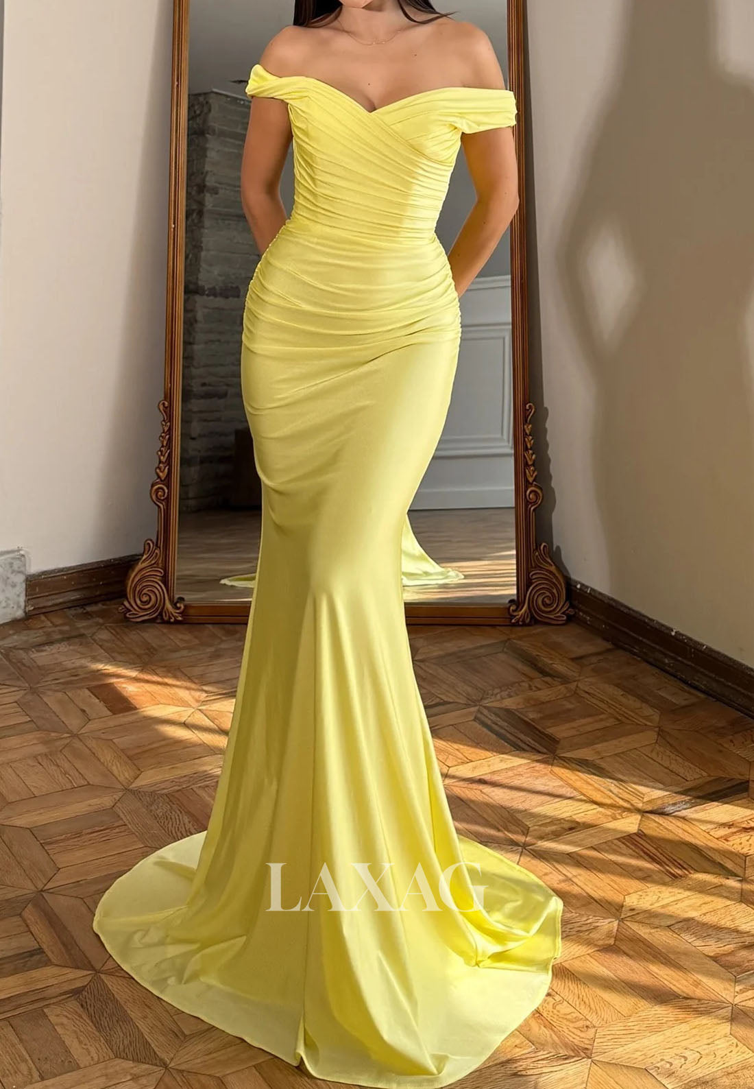Sweetheart Off-Shoulder Sleeveless Pleated Chiffon Simple Mermaid Prom Dress with Sweep Train