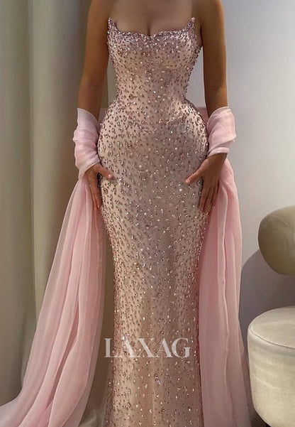 Bateau-Neck Sleeveless Floor-Length Party Gowns Fully Rhinestone Beaded Mermaid Prom Dress