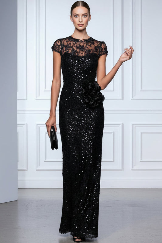 Scoop-Neck Cap-Sleeves Fully Sequined Beaded Floor-Length Mermaid Evening Dress