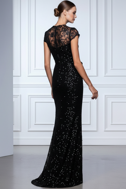 Scoop-Neck Cap-Sleeves Fully Sequined Beaded Floor-Length Mermaid Evening Dress