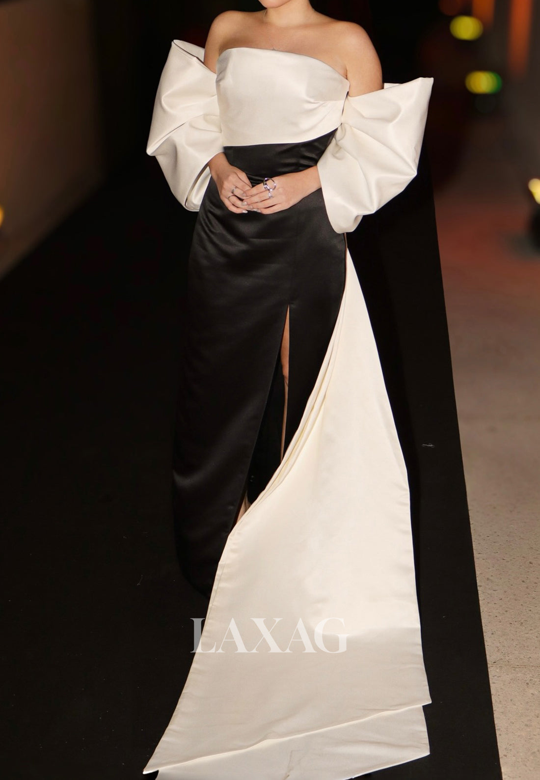 Tube Top Off-Shoulder Two Tone Satin Pleated Floor-Length Slit Mermaid Prom Dress with Big Bow