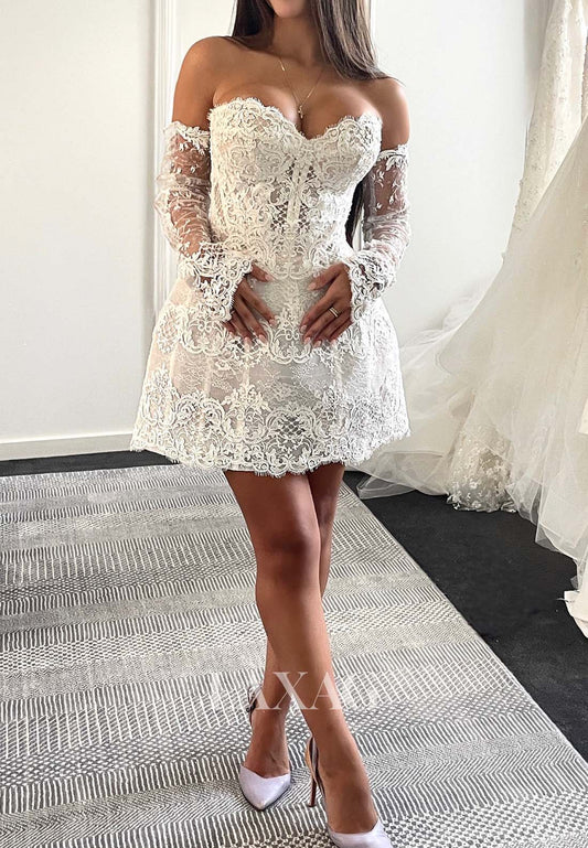 Sweetheart Long-Sleeves A-Line Wedding Dress Allover Lace Applique Beach Bride Gowns