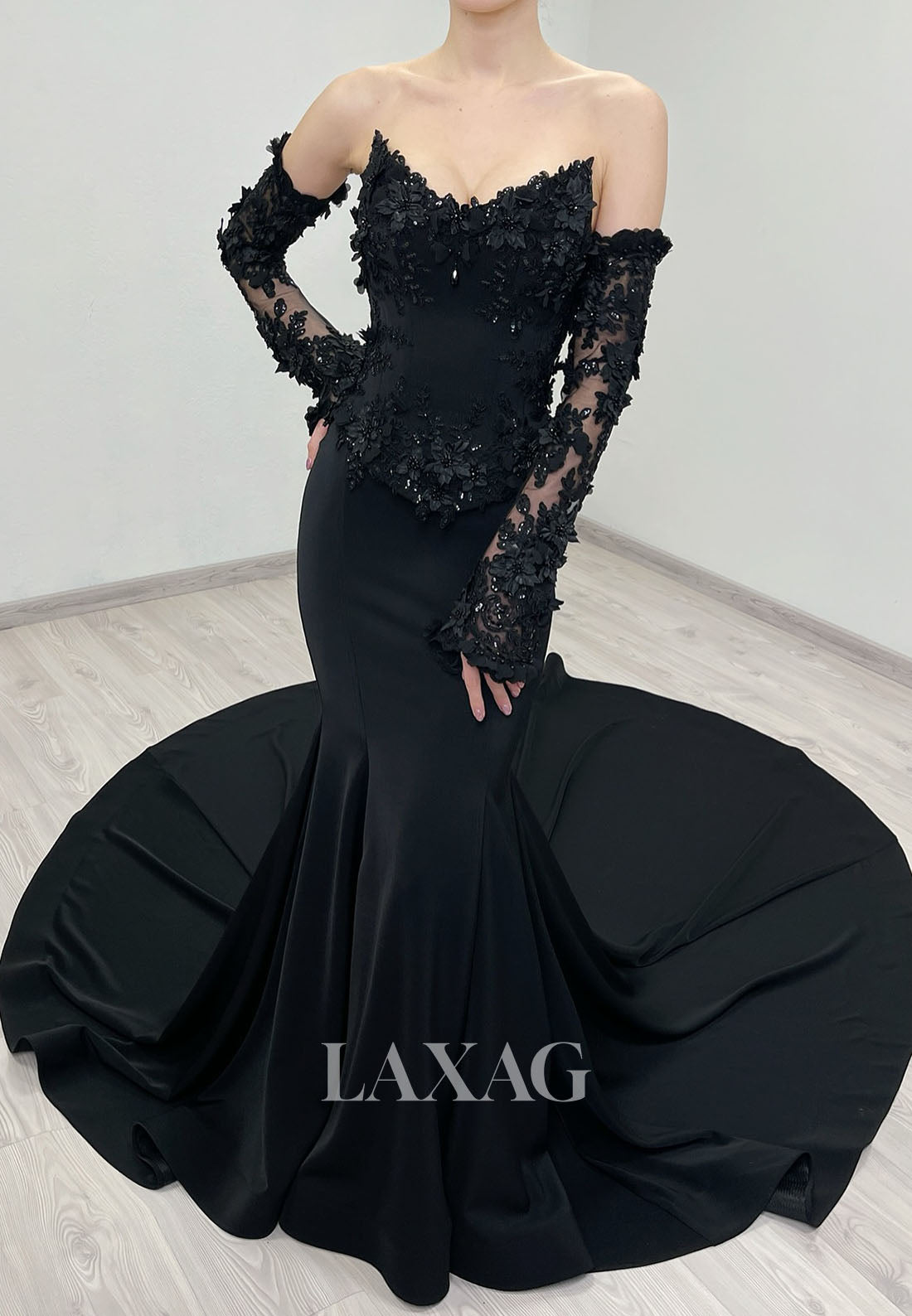 V-Neck Off-Shoulder Pleated Satin Formal Gowns Floral Embellished Mermaid Wedding Dress with Gloves