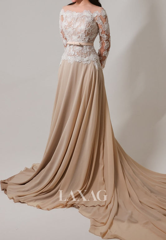 Bateau-Neck Long-Sleeves Pleated Chiffon Formal Gowns Sequined Applique A-Line Evening Dress