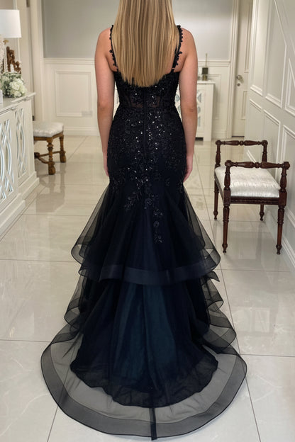 Sweetheart Straps Fully Sequined Applique Tulle Pleated Tiered Trumpet Mermaid Prom Dress