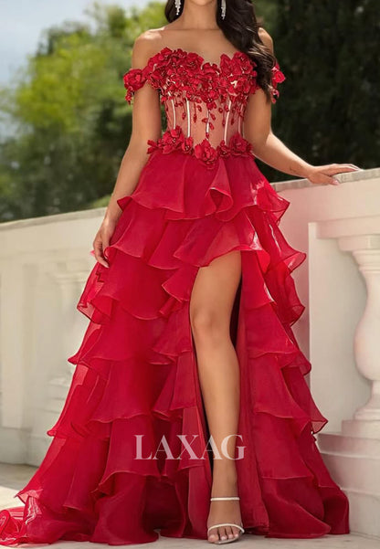 Sweetheart Floral Embellished Party Gowns Beaded Pleated Chiffon Tiered A-Line Prom Dress