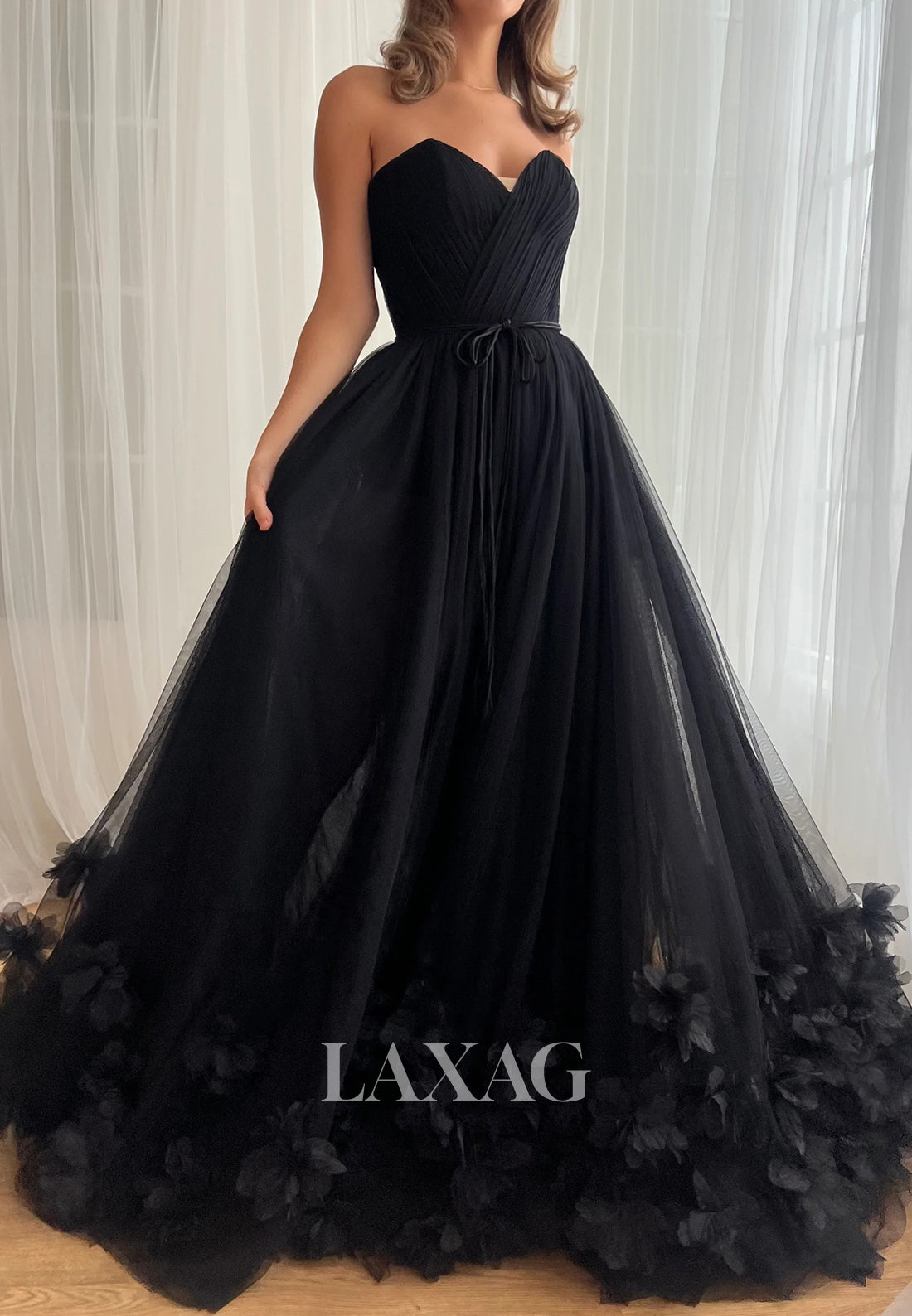 Off-Shoulder Sweetheart A-Line Prom Dress Floral Embellished Pleated Tulle Evening Gowns
