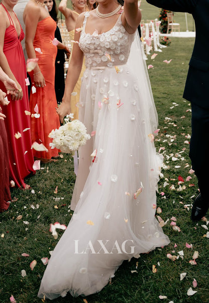 Scoop-Neck Floral Embellished Satin Bride Gowns Straps Beaded Pleated Tulle A-Line Wedding Dress