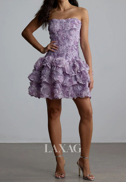 Bateau-Neck Off-Shoulder Floral Embellished Pleated Print-Chiffon A-Line Homecoming Dress