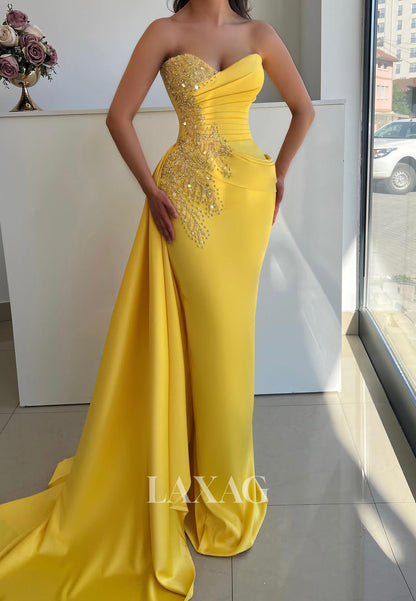 Sweetheart Sleeveless Pleated Satin Formal Gowns Sequined Beaded Sweep Train Mermaid Evening Dress