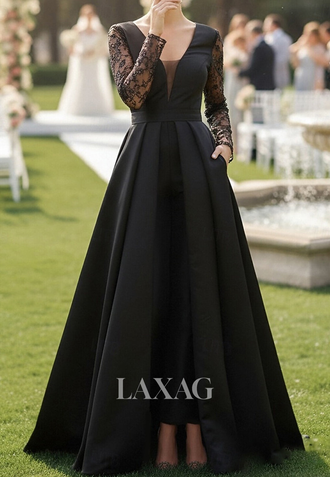 Deep V-Neck Long-Sleeves Sequined Applique Satin A-Line Mother of the Bride Dress