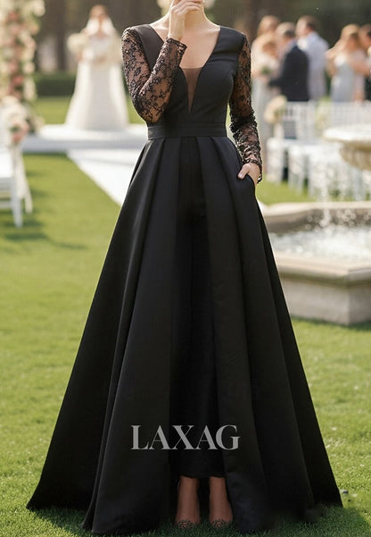 Deep V-Neck Long-Sleeves Sequined Applique Satin A-Line Mother of the Bride Dress