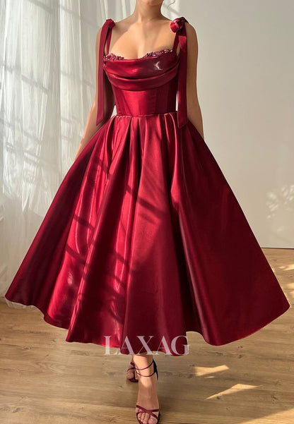 Off-Shoulder Sleeveless Pleated Satin Party Gowns Sweetheart Beaded Tea-Length A-Line Prom Dress