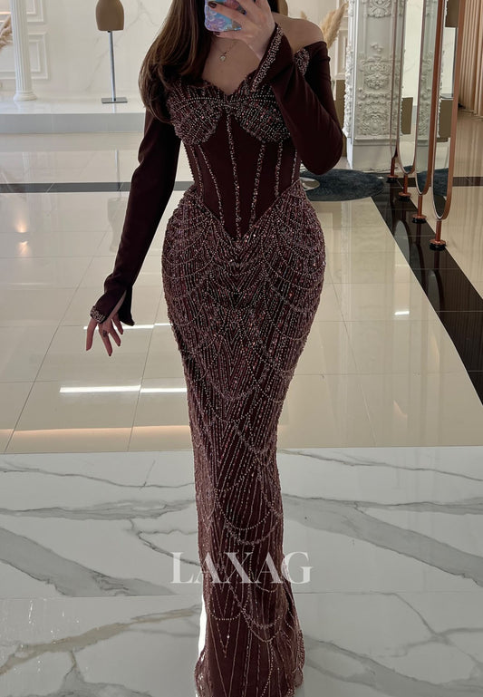Sweetheart Long-Sleeves Formal Gowns Off-Shoulder Fully Sequined Beaded Mermaid Evening Dress