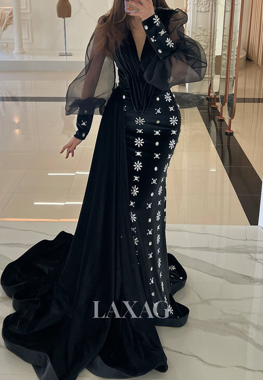 V-Neck Long-Tulle-Sleeves Pleated Satin Mermaid Evening Dress Rhinestone Sweep Train Formal Gowns