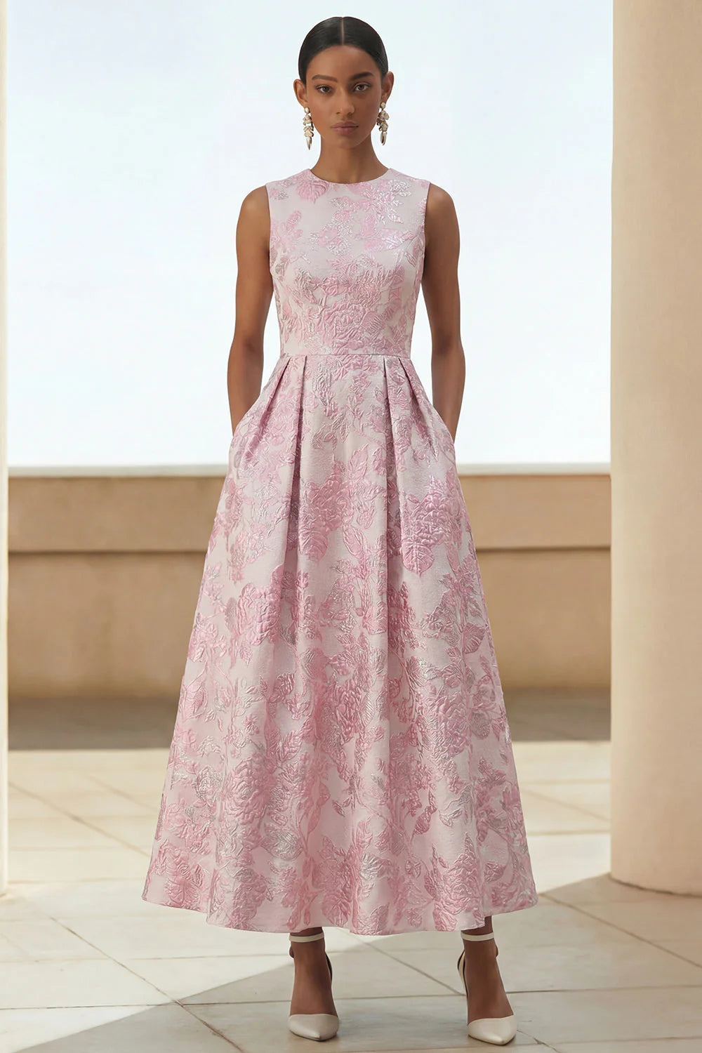 Scoop-Neck Sleeveless Ankle-Length Jacquard Satin Pleated Mother of the Bride Dress