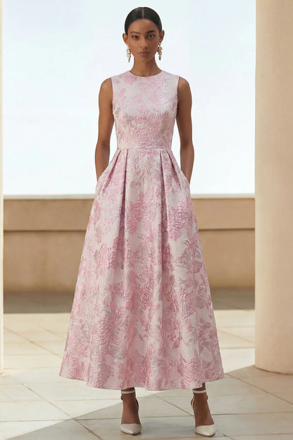 Scoop-Neck Sleeveless Ankle-Length Jacquard Satin Pleated Mother of the Bride Dress