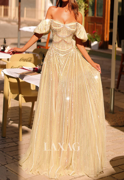 Off-Shoulder Fully Sequined Beaded Party Gowns Sweetheart Sleeveless Pleated Tulle A-Line Prom Dress