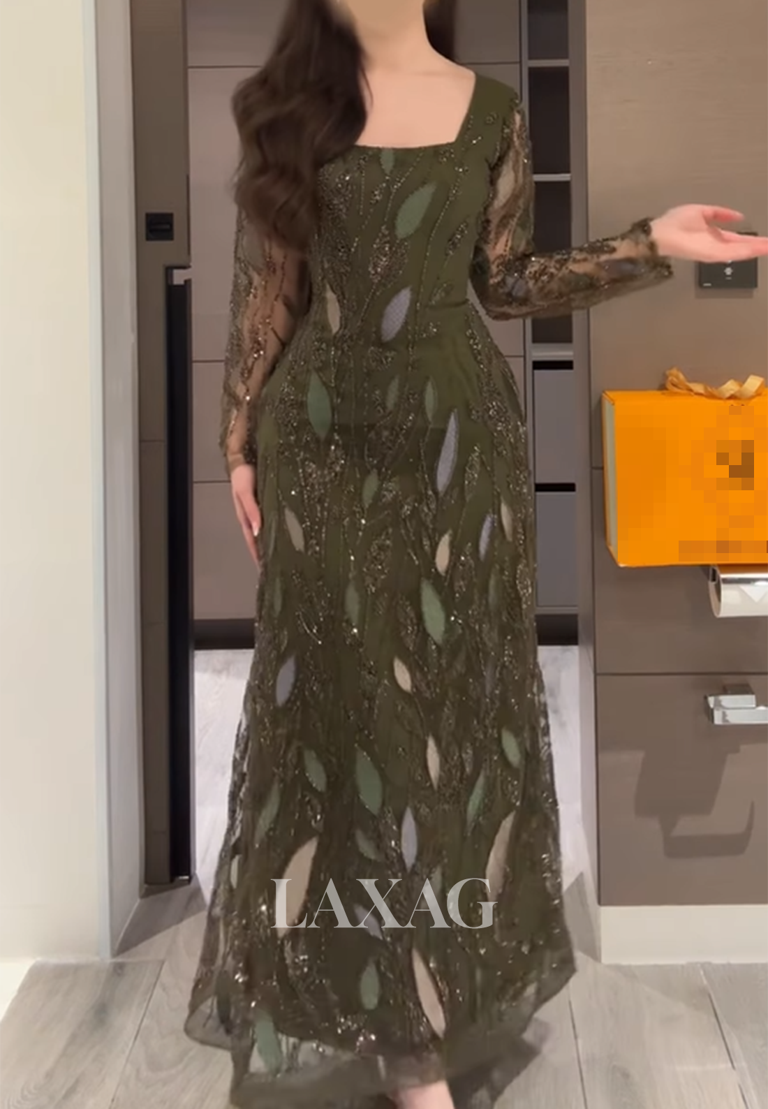 Square-Neck Long-Sleeves Ankle-Length Formal Gowns Sequined Applique Fitted Evening Dress