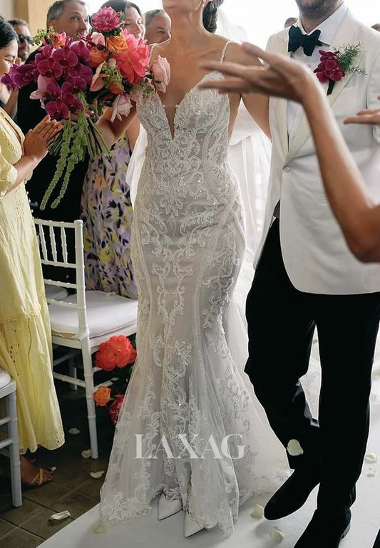 Deep V-Neck Spaghetti Straps Formal Gowns Sleeveless Lace Applique Mermaid Wedding Dress