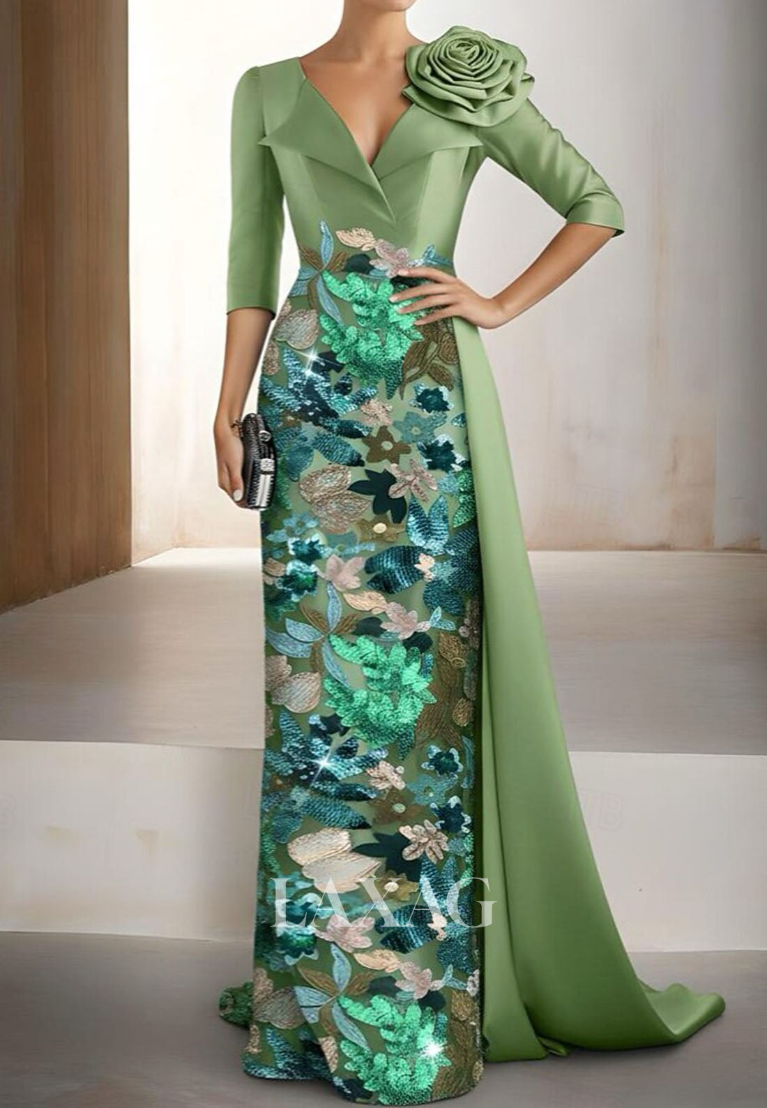 V-Neck Collared 3/4-Sleeves Floral Embellished Sequined Applique Satin Mermaid Evening Dress