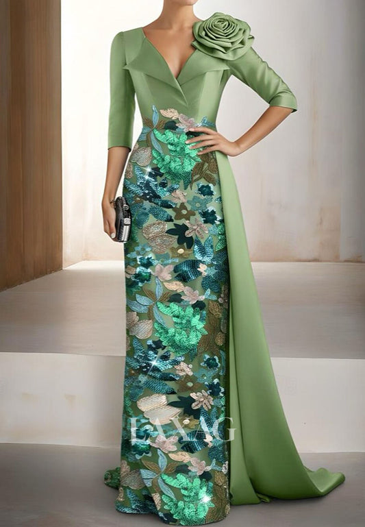 V-Neck Collared 3/4-Sleeves Floral Embellished Sequined Applique Satin Mermaid Evening Dress