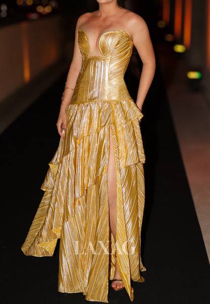Off-Shoulder Sweetheart Floor-Length Metallic-Satin Pleated Tiered A-Line Prom Dress with High Slit