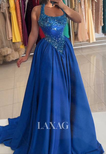 Halter Scoop-Neck Sequined Beaded Party Gowns Sleeveless Pleated Satin A-Line Prom Dress