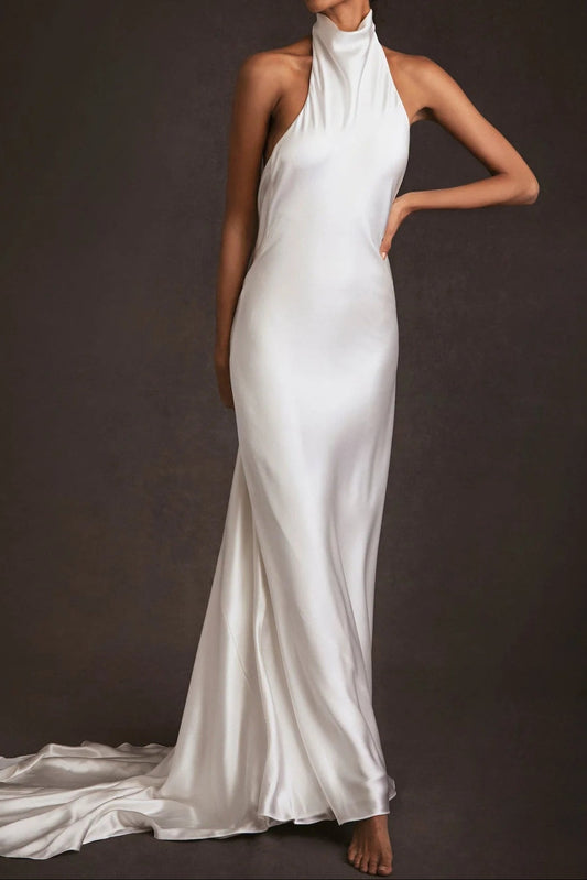 Halter-Neck Off-Shoulder Sleeveless Satin Pleated Sweep Train Mermaid Wedding Dress
