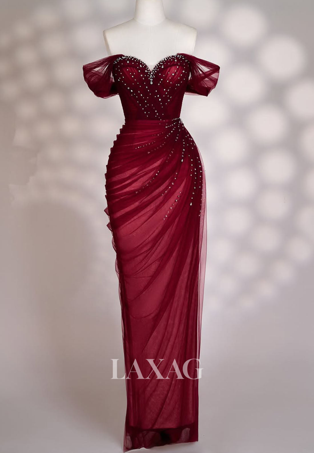 Off-Shoulder Floor-Length Beaded Mermaid Prom Dress Sweetheart Pleated Tulle Party Gowns