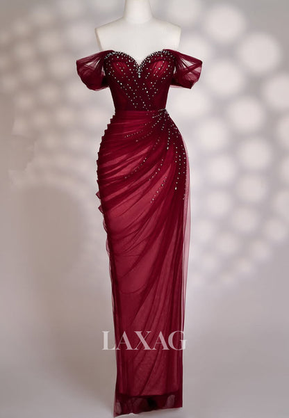 Off-Shoulder Floor-Length Beaded Mermaid Prom Dress Sweetheart Pleated Tulle Party Gowns