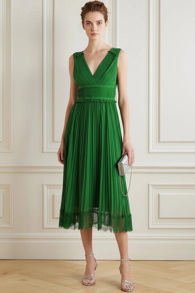 V-Neck Straps Sleeveless Tea-Length Chiffon Pleated A-Line Mother of the Bride Dress