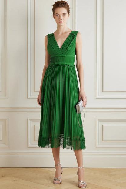 V-Neck Straps Sleeveless Tea-Length Chiffon Pleated A-Line Mother of the Bride Dress