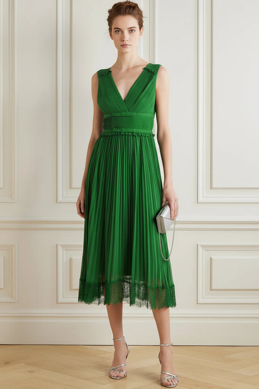 V-Neck Straps Sleeveless Tea-Length Chiffon Pleated A-Line Mother of the Bride Dress