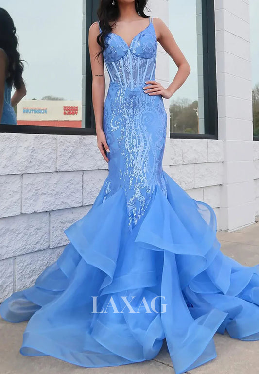 V-Neck Spaghetti Straps Trumpet Mermaid Prom Dress Sequined Applique Pleated Tulle Party Gowns