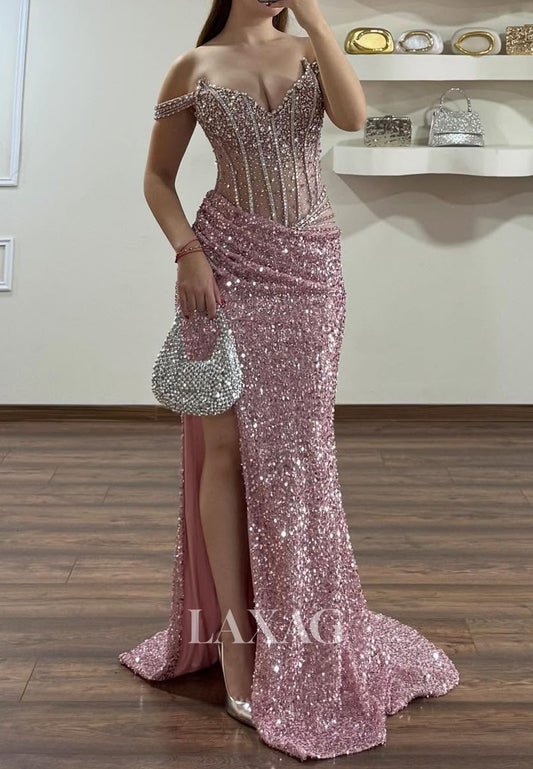 V-Neck Sleeveless Fully Sequined Beaded Rhinestone Tulle Pleated Mermaid Evening Dress