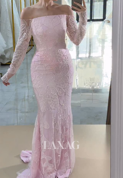 Bateau-Neck Long-Sleeves Meramid Evening Dress Fully Sequined Beaded Formal Gowns