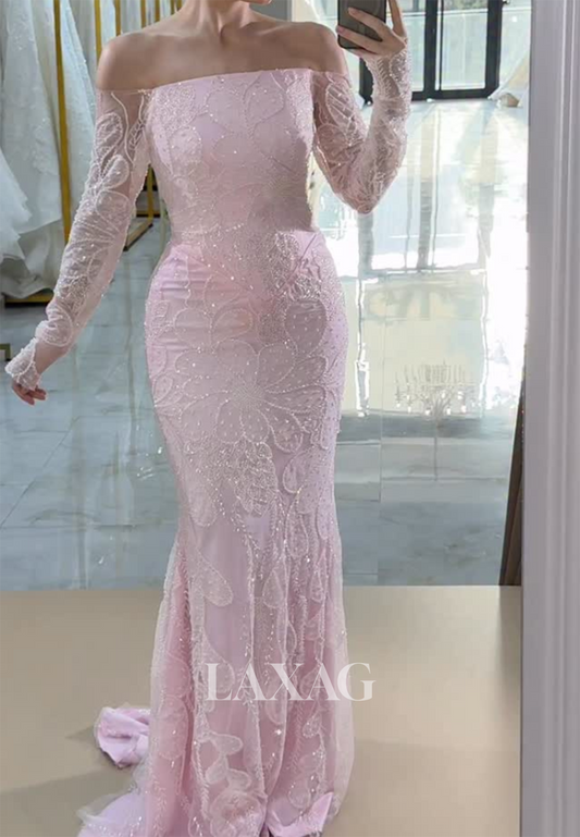 Bateau-Neck Long-Sleeves Meramid Evening Dress Fully Sequined Beaded Formal Gowns