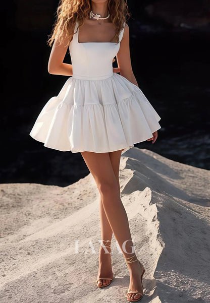 Square-Neck Straps Sleeveless Satin Pleated Simple Short Beach A-Line Wedding Dress