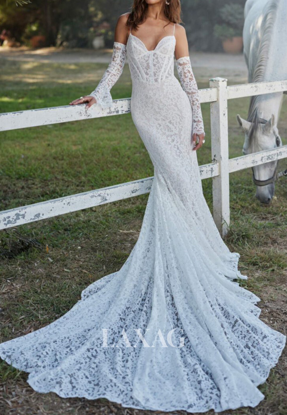 Sweetheart Spaghetti Straps Long-Sleeves Allover Lace Pleated Train Mermaid Wedding Dress