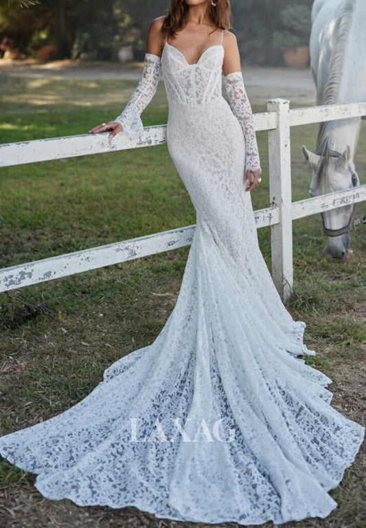 Sweetheart Spaghetti Straps Long-Sleeves Allover Lace Pleated Train Mermaid Wedding Dress