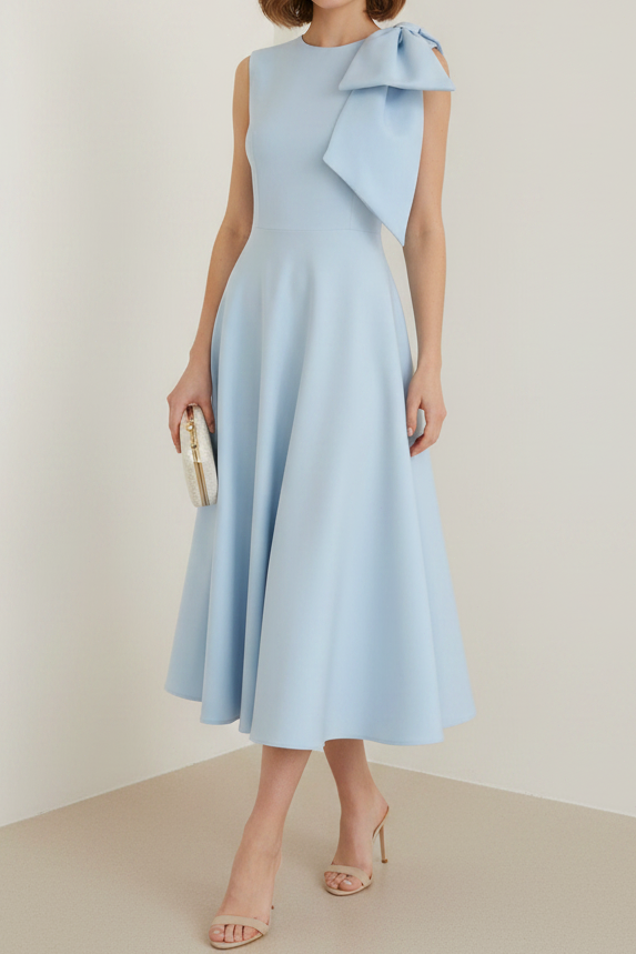 Scoop-Neck Sleevelss Satin Tea-Length A-Line Wedding Guest Dress with Bow