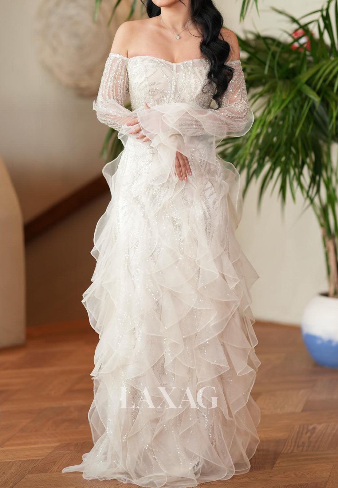 Off-Shoulder Sweetheart Tiered Mermaid Wedding Dress Long-Sleeves Sequined Beaded Bride Gowns