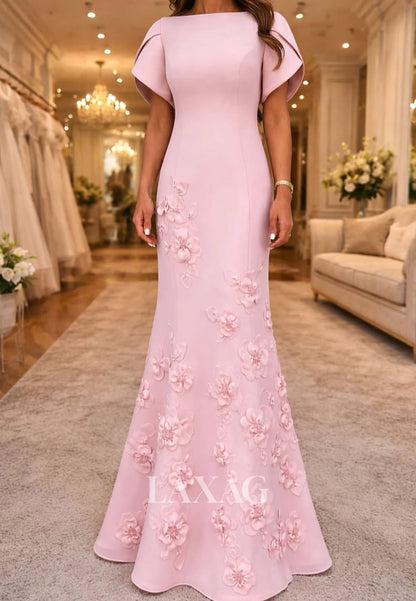 Scoop-Neck Short-Sleeves Floor-Length 3D-Floral Applique Satin Mermaid Evening Dress